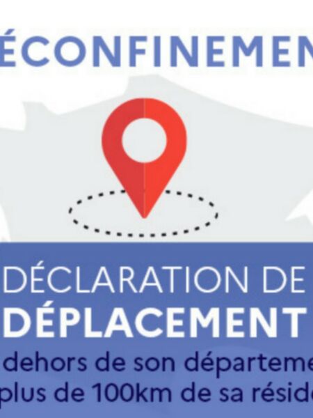 Un point rouge marquant sa position sur la carte de France avec pour fond de page le déconfinement