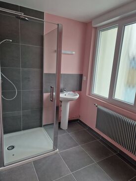 Salle de bain avec douche et lavabo