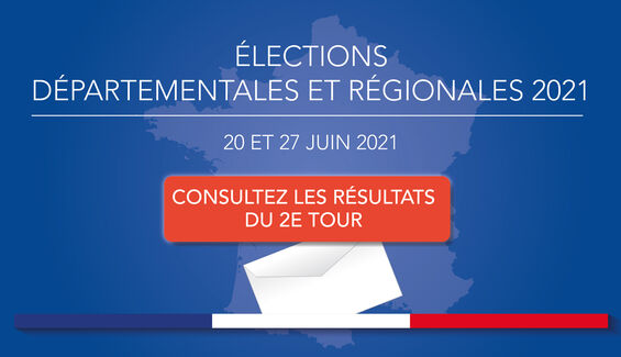 Une enveloppe qui se trouve au dessus du bandeau Bleu Blanc Rouge pour indiquer les résultats du second tour des élections départementales et régionales 2021