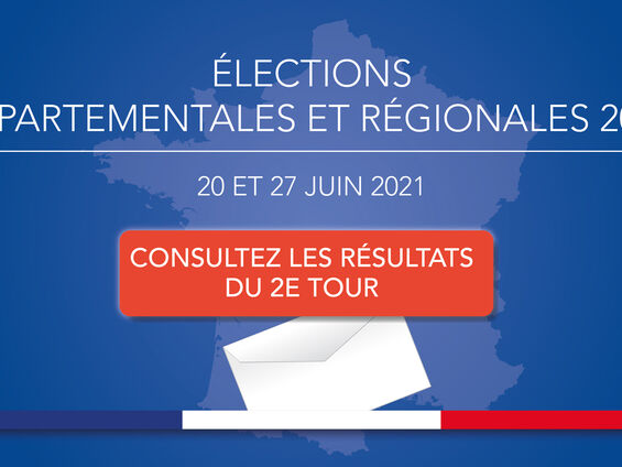Une enveloppe qui se trouve au dessus du bandeau Bleu Blanc Rouge pour indiquer les résultats du second tour des élections départementales et régionales 2021