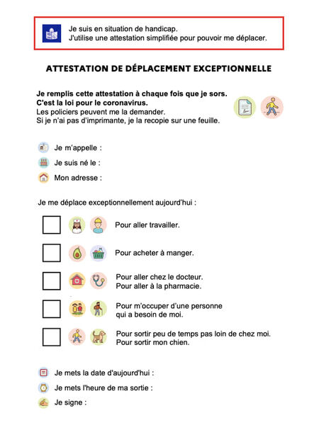 Attestation de déplacement exceptionnelle avec des pictogrammes pour les personnes en situation de handicap